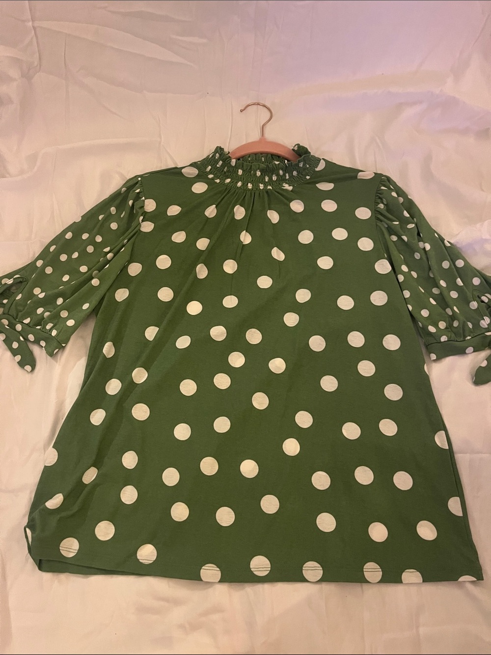 Cato Green and White Polka Dot Smocked Neck Tunic